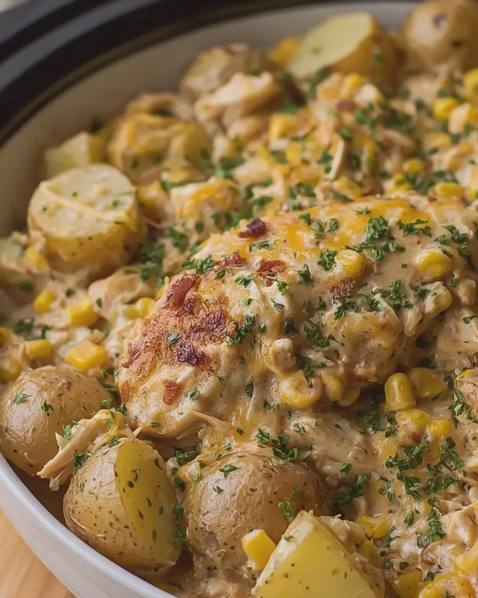 Crockpot Creamy Cheddar Chicken: Comforting Corn and Baby Potatoes