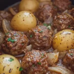Slow Cooker Garlic Meatballs Potatoes and Onions