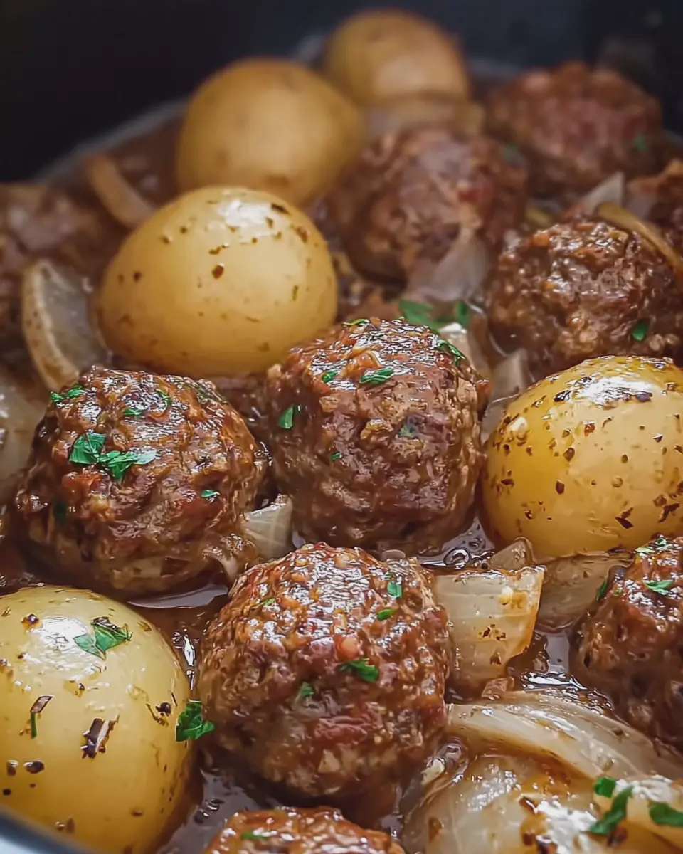 Slow Cooker Garlic Meatballs with Potatoes and Onions Delight