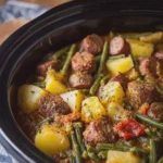 Crockpot Smoky Beef Sausage, Potato & Green Bean Bake