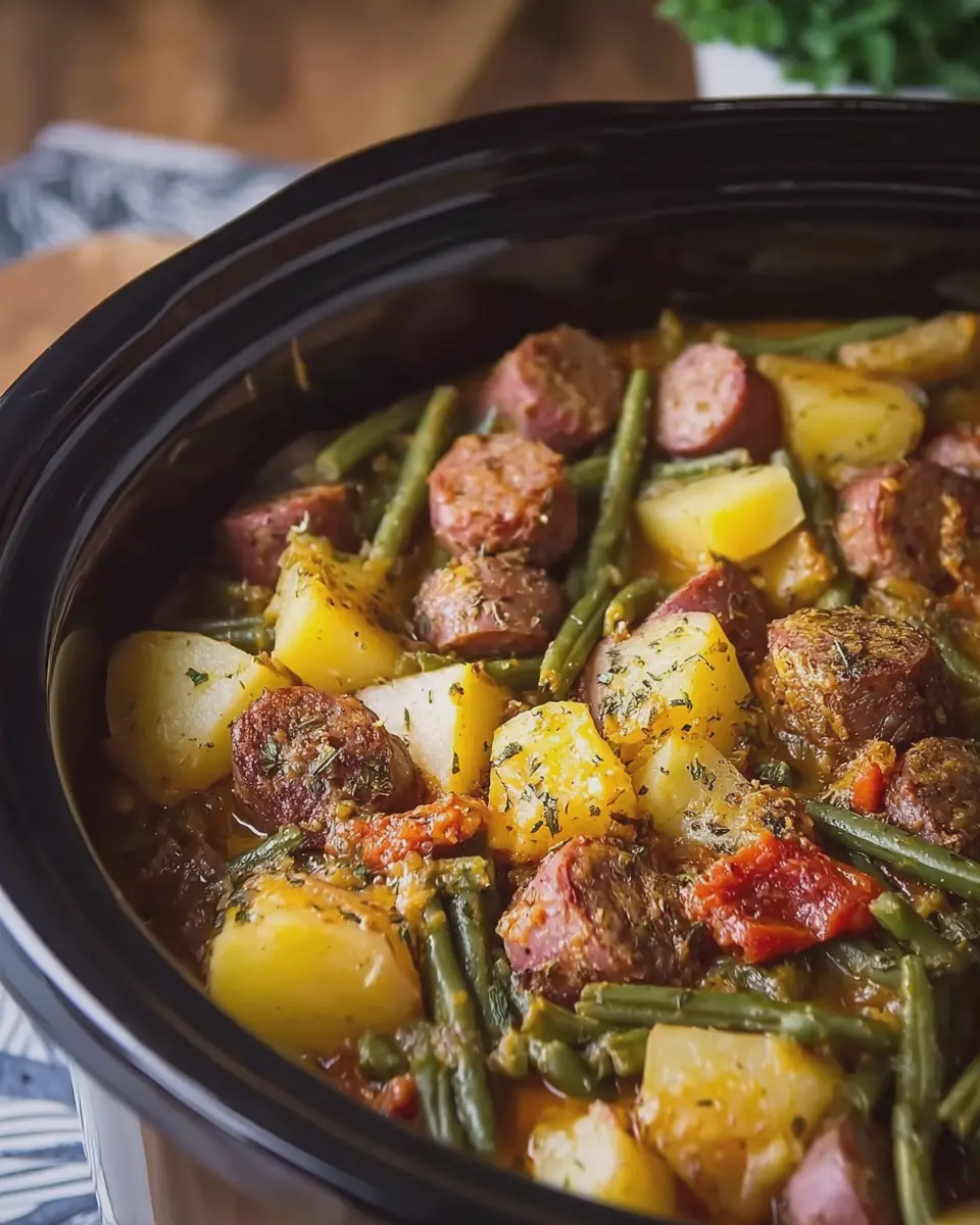 Crockpot Smoky Beef Sausage Delight: Easy Potato & Green Bean Bake