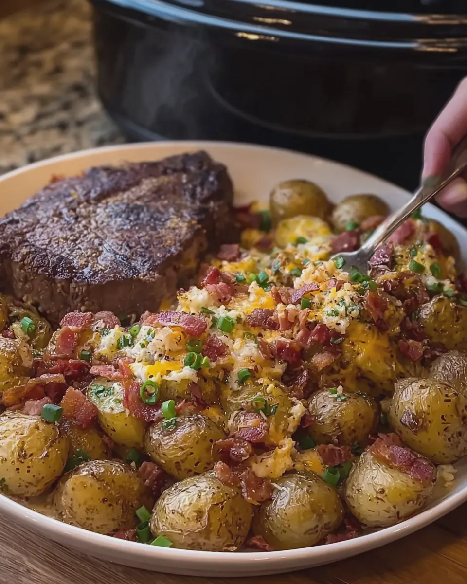 Crockpot Garlic Butter Steak with Indulgent Loaded Turkey Bacon Ranch Potatoes