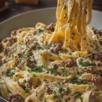 Savory Beef Fettuccine with Cheddar Mozzarella Cream Sauce