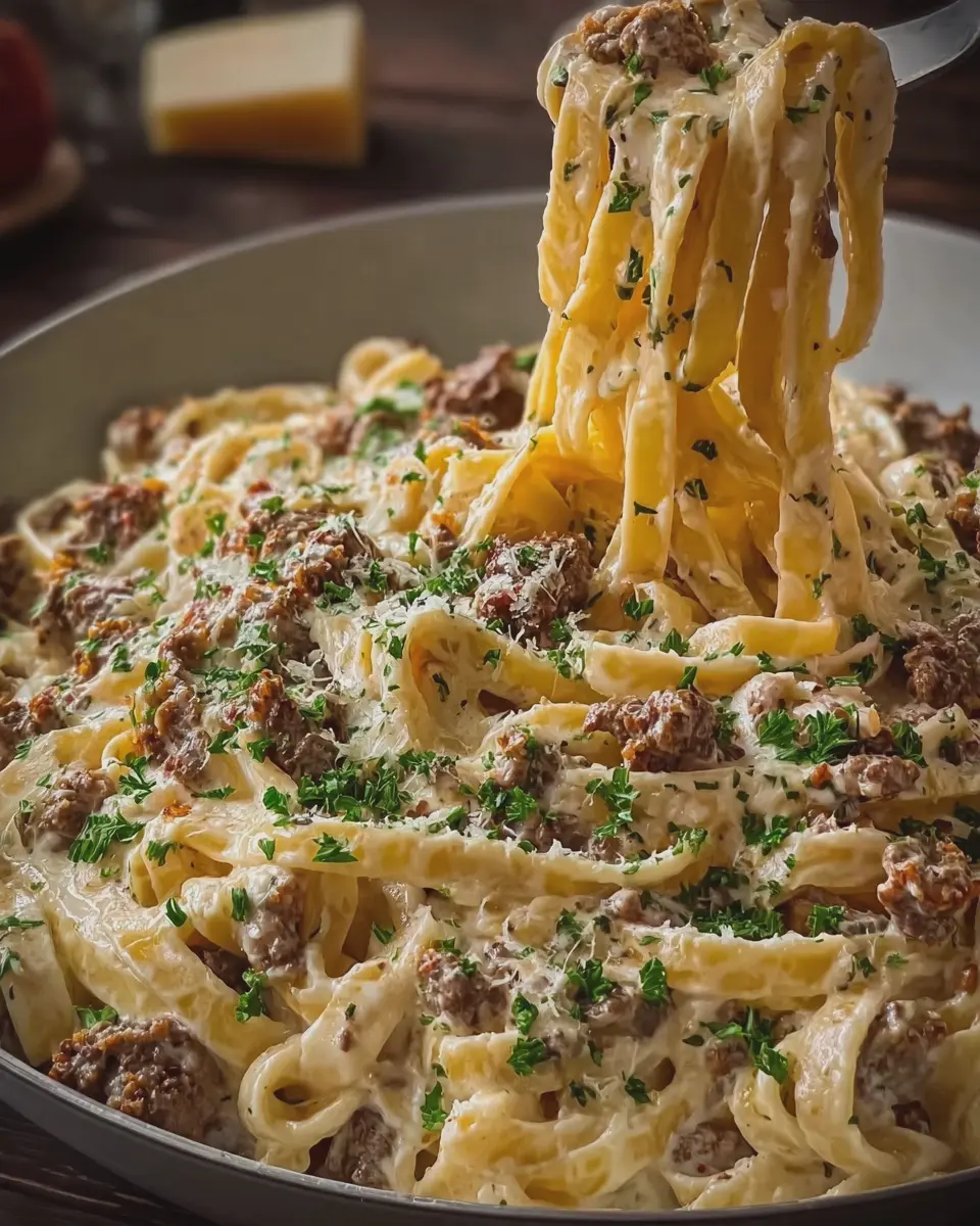 Savory Beef Fettuccine with Cheddar Mozzarella Cream Sauce Bliss
