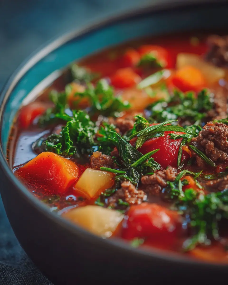 Old Fashioned Hamburger Vegetable Soup with Turkey Bacon Delight