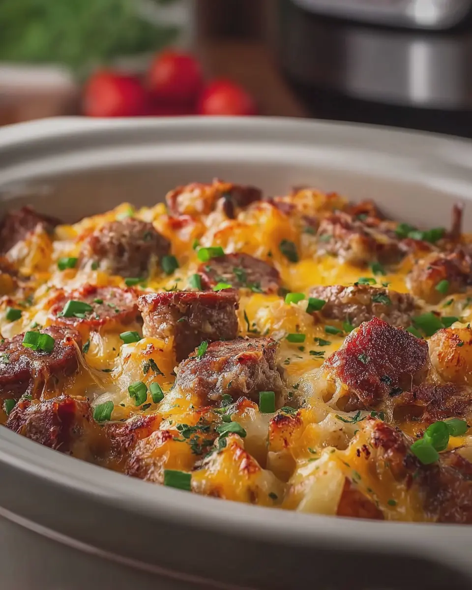 Slow Cooker Beef Sausage and Cheesy Potato Casserole Delight