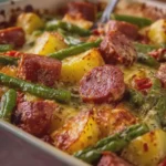 Smothered Beef Sausage, Green Bean and Potato Bake