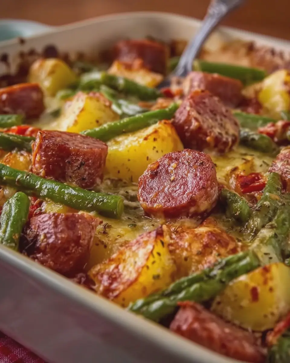 Smothered Beef Sausage, Green Bean and Potato Bake: Easy Comfort Food